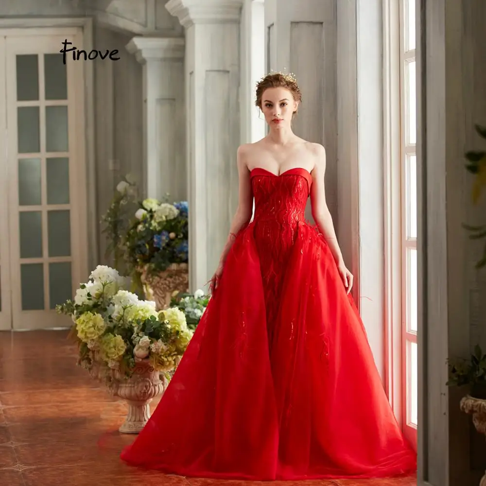 Finove New Elegant Red Prom Dress Sexy Strapless With Feathers Sequins Floor-Length Long A Line Formal Women's Dresses - Цвет: Red