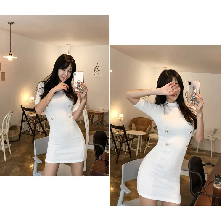 Temperament Lady Dresses Women Spring Design Sexy Bandage Sheath Mini White Knitted Double Button Tunic Sweater Dress 170D
