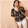 SHEIN блузка с рукавами-воланами, поясом и баской, с цветочным рисунком, Boho, с рукавом три четверти, расклешенная, с v-образным вырезом, с рюшами, летние женские топы и блузки