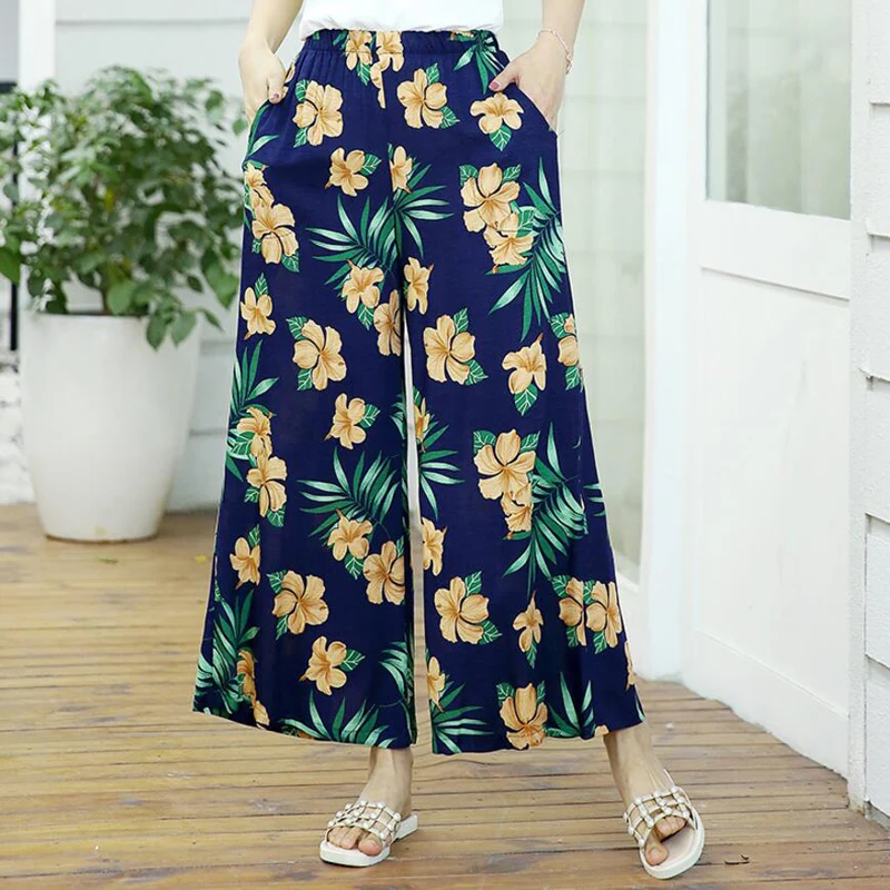 

Summer style 2018 new cotton linen pants women middle-aged loose plus-size elastic waist trousers print Wide Leg Pants LY835
