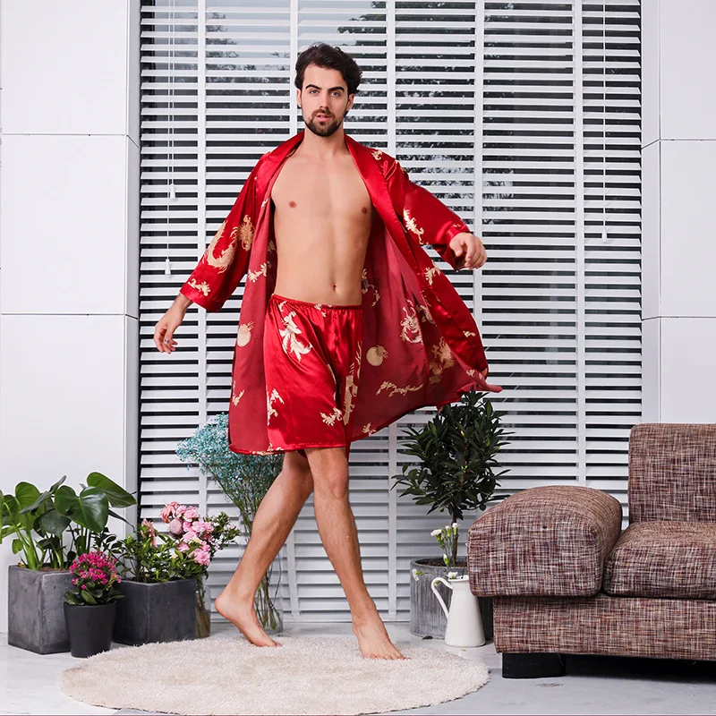 Two-piece Suit Male Silk Dressing Gown  Extra large Robe With Dragons Mens Satin Bathrobe Silk Kimono Men 21039