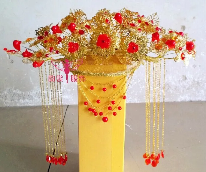 

02 Red Gold Bride Wedding Hair Tiaras Ancient Chinese Empress Hair Piece 02