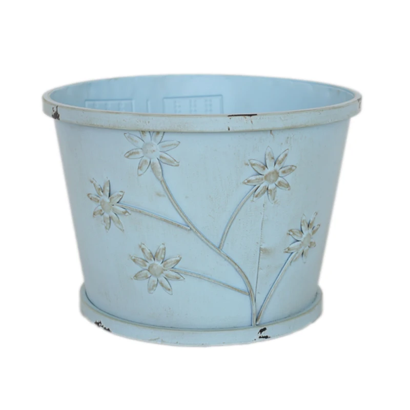Blue Baby Bed Props Rustic Flower Pattern Baby Bucket Photography Props Newborn Posing Bowl Metal Bucket Boys Shower Gift