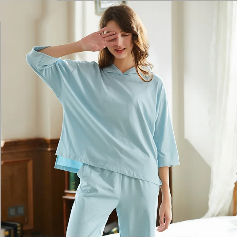 2019 Summer Female Casual pajama sets Women Half sleeve Hooded Collar t Shirt + Calf-Leng Pants Ladies 100%Cotton sleepwear suit | Женская
