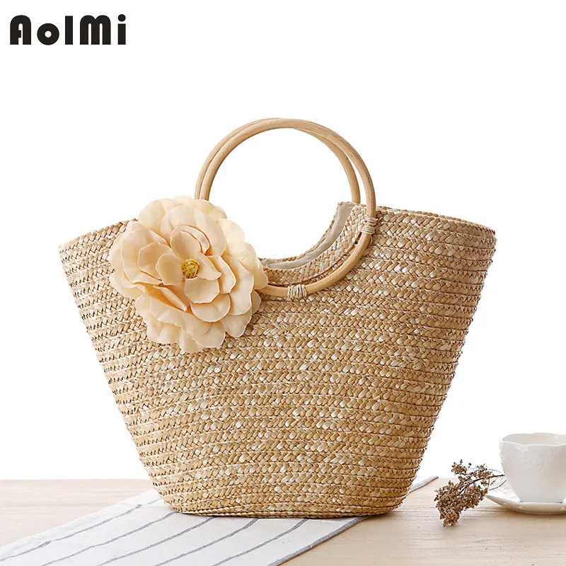 AolMi Большой Tote Сумки летние пляжные ротанга соломы мешок цветок для Для женщин