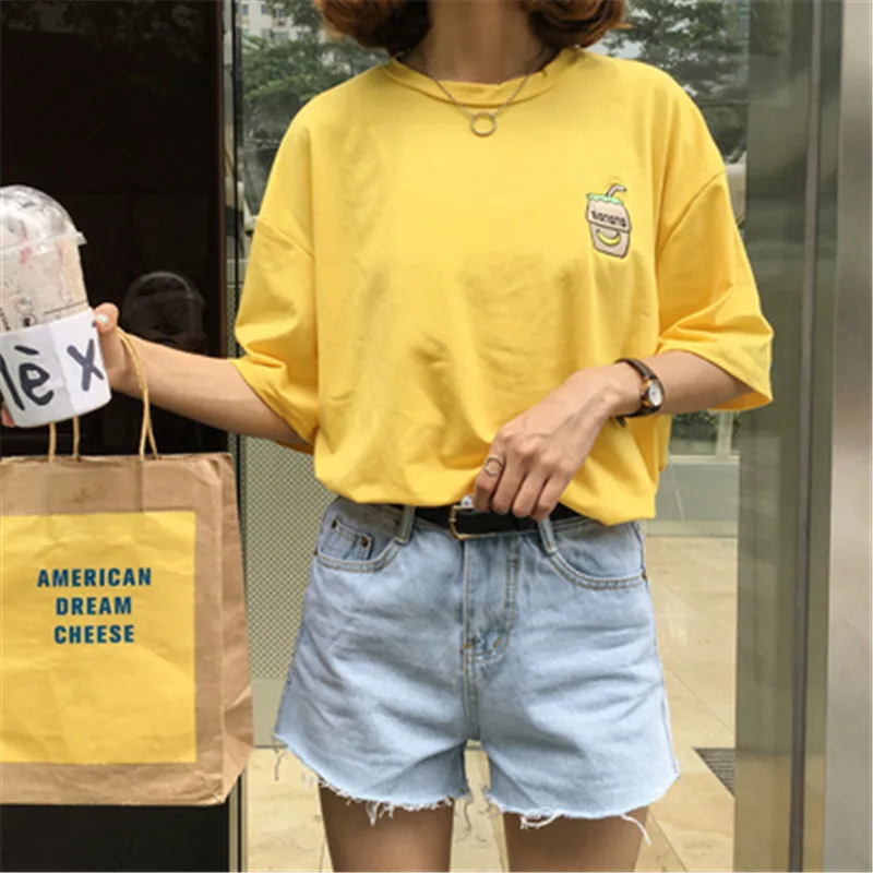 Harajuku 2019 NEW Casual Women T-shirts Summer Korean Loose Cartoon Milk Bottle Embroidery Tops Tees Kawaii Female Clothing | Женская