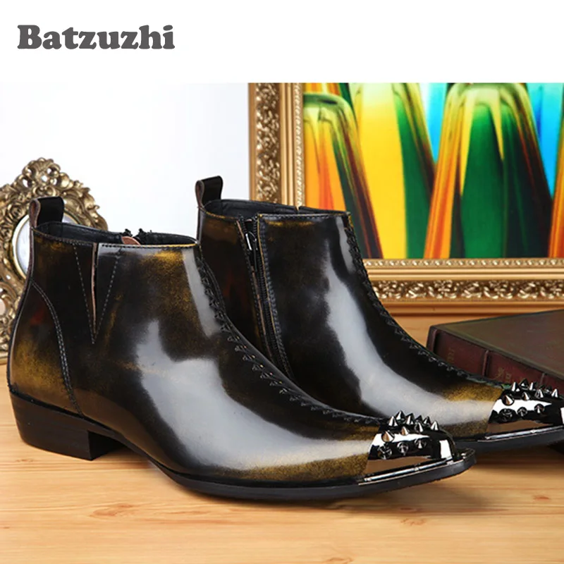 British Style Fashion Point Toe Man Boots High Tide Help Steel-toed Leather Short Rock Personality Big Size 38-46 |