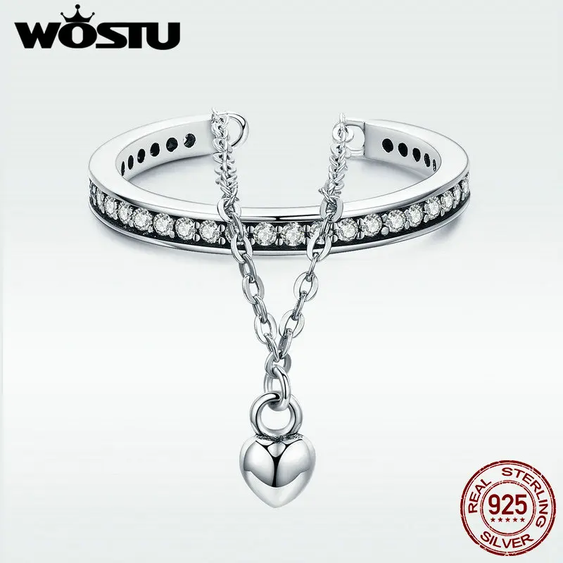 WOSTU настоящее 925 пробы серебро только сердце регулируемые кольца на палец для