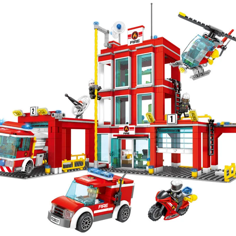 Fire Fighting Trucks Car Helicopter Boat Building Blocks Station Compatible Legoing City Firefighter Figures Children Toys | Игрушки и