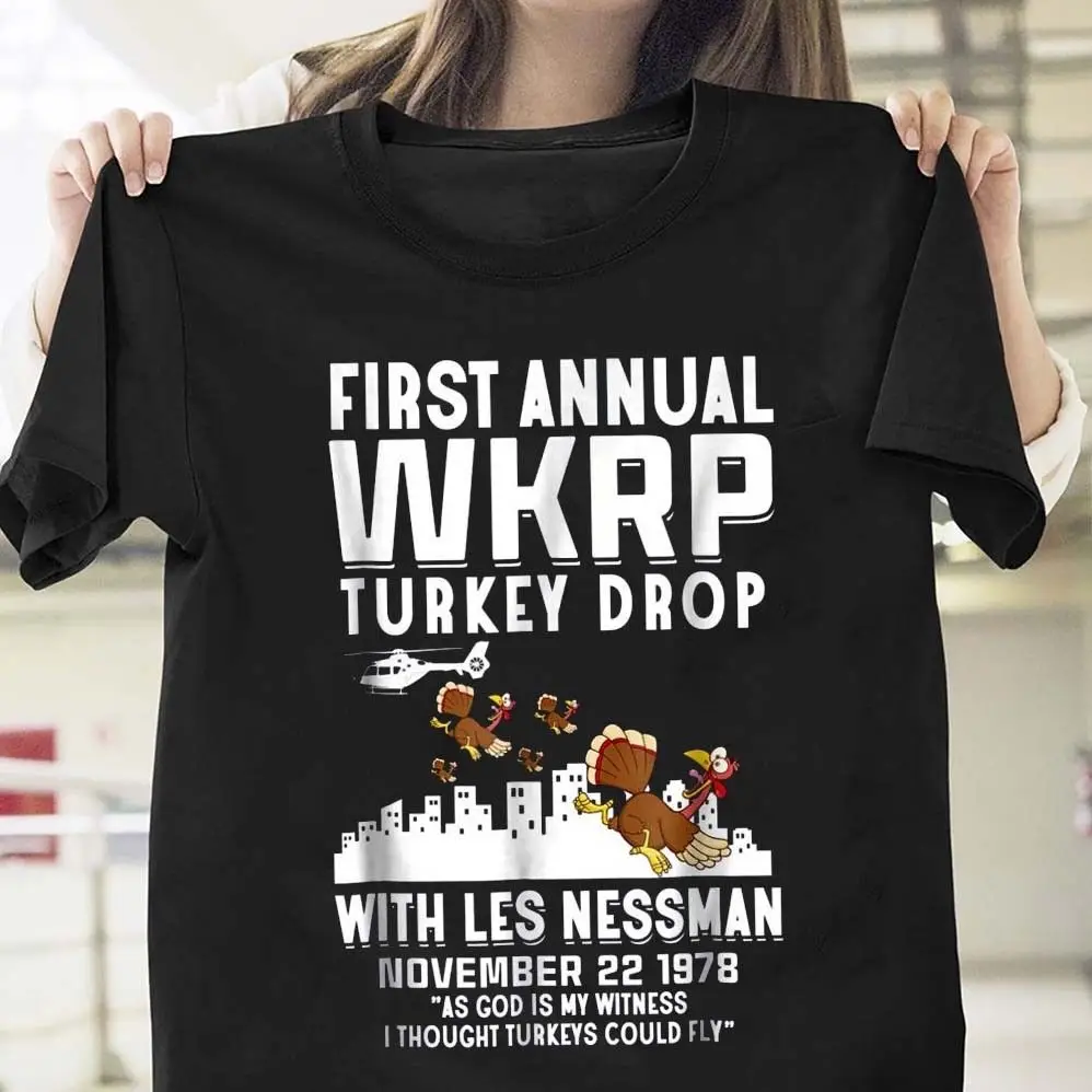 First Annual WKRP Turkey Drop With Les Nessman Cotton Black Men T Shirt Cartoon t shirt men Unisex New Fashion tshirt | Мужская одежда