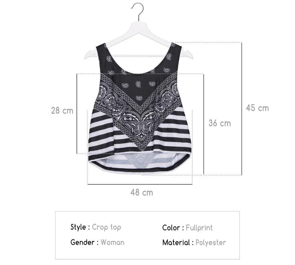 Женский короткий топ без рукавов черная бандана в полоску с 3D принтом|women crop top|top