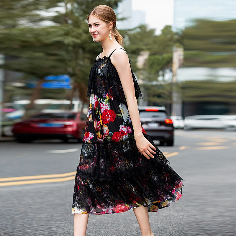 

1211-5 D 2019 Paris Summer Fashion Designer Bohemian Casual Women Strap Sexy Rose Print Stitching Lace Loose Casual Print Dress