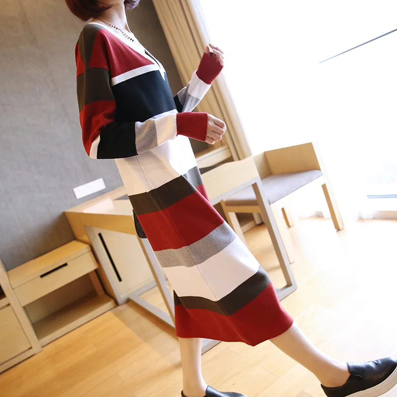 Женское трикотажное платье свитер с длинным рукавом в полоску|knitted dress|dress long
