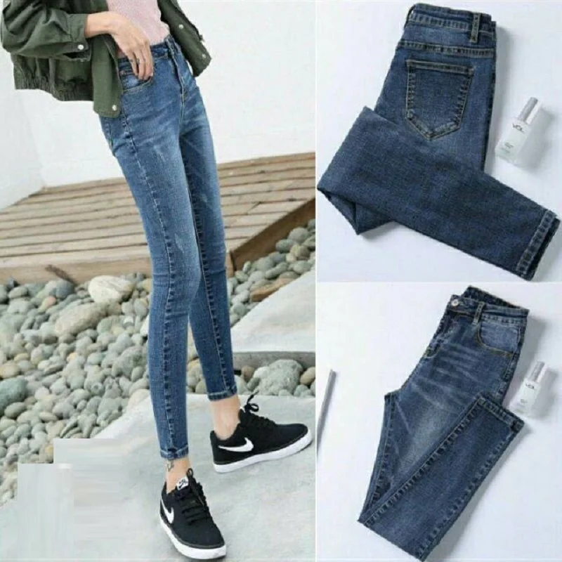 

denim scratched jeans women jeans washed pencil jeans high waist ankle-length pants elastic slim trousers students jeans