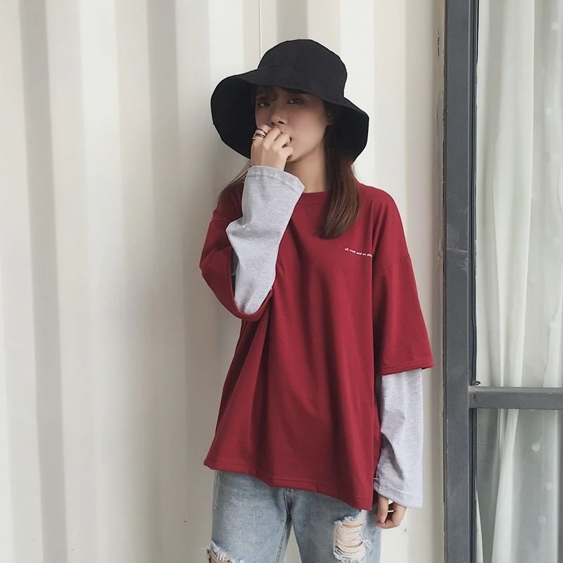 

Harajuku T-shirt Women Casual Clothing Korean Style Ulzzang Fake 2 Piece Patchwork Long Sleeve T-shirts Female Vintage Tee Tops