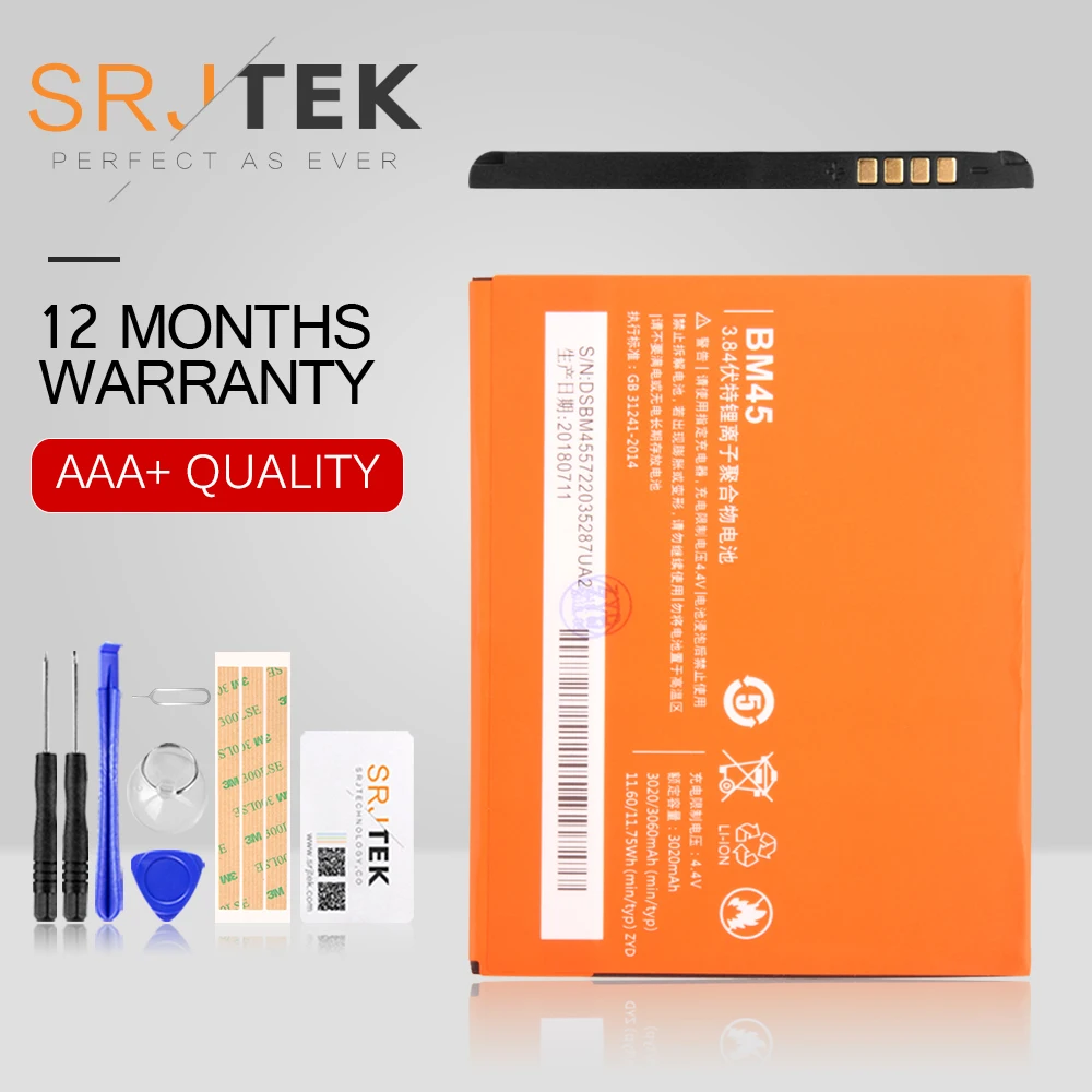 Srjtek для Xiaomi Redmi Note 2 аккумулятор запасные части инструменты BM45 3020 mAh Hongmi Батарея Red
