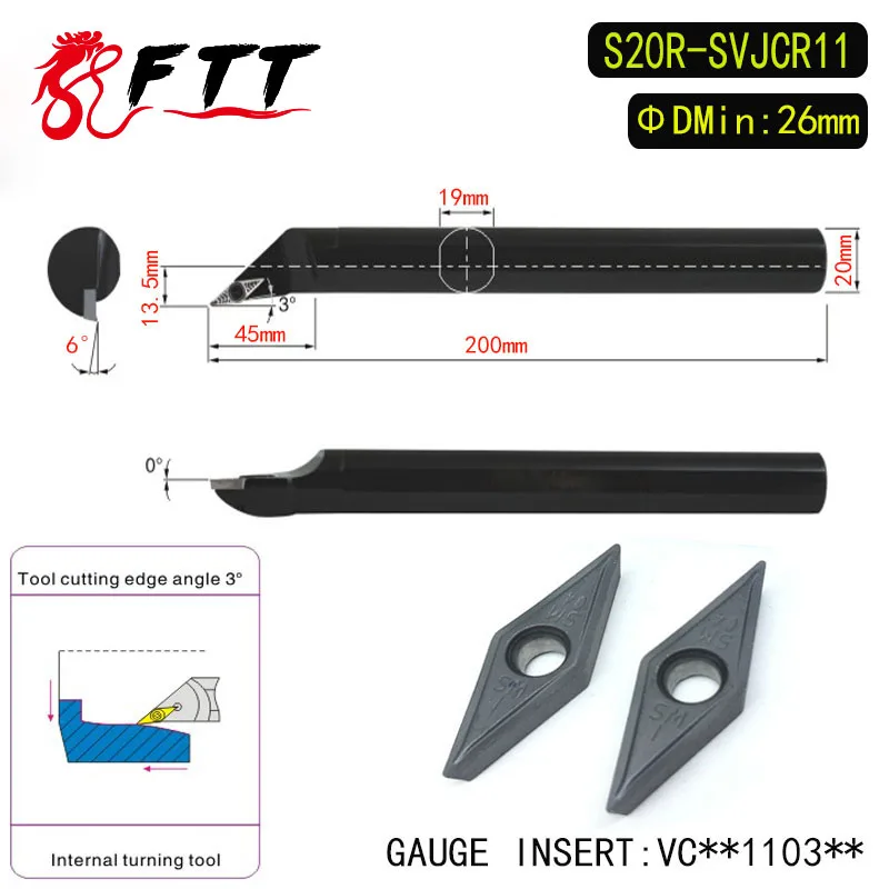 

S20R-SVJCR11 3 Degrees Internal Turning Tool Holder For VCMT110304 VCMT110308 Insert Internal Boring Bar Lathe Machine