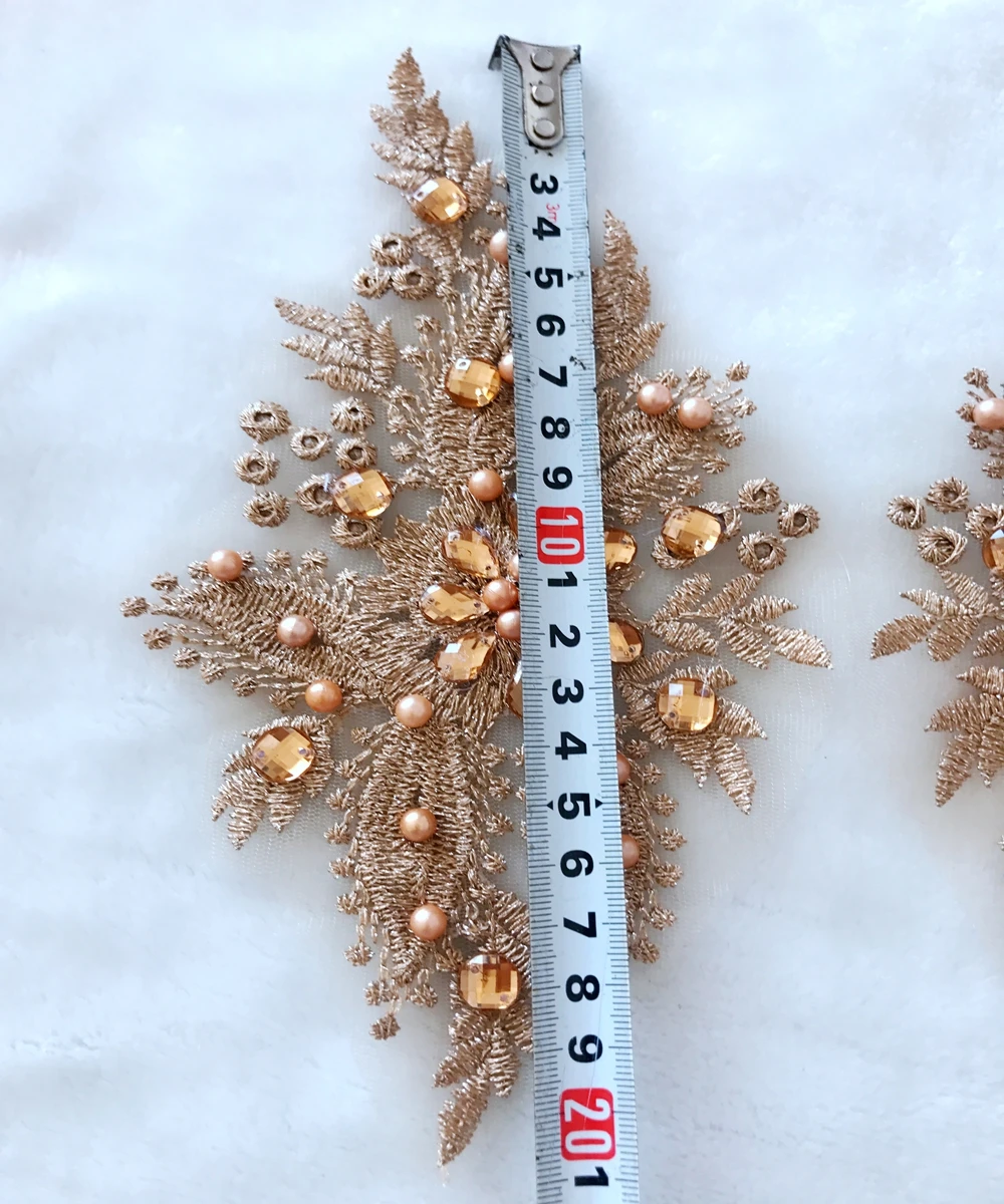 Кружевная аппликация цвета шампанского с бусинами нашивки Стразы 20*11 см для