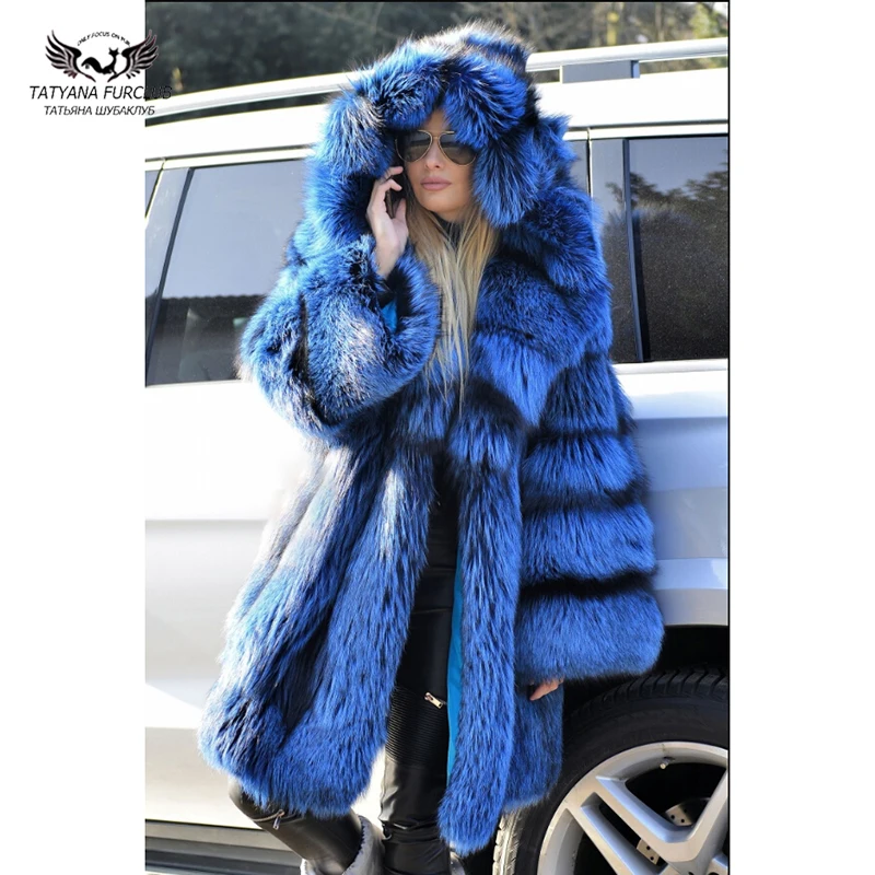 Fashion Royal Blue Natural Fox Fur Coat With Hood Thick Warm Winter 2022 New Luxury Genuine Silver Fox Fur Coat Woman Overcoats