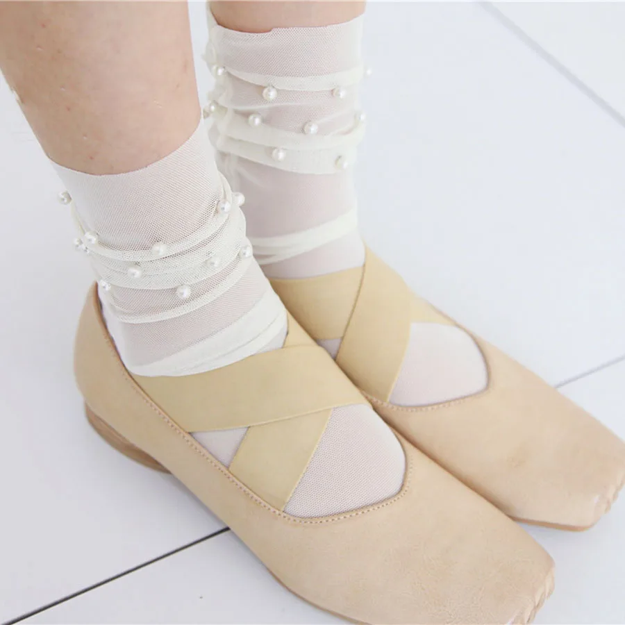 12 Pairs Mesh Pearls Women Socks Fashion Female Princess Heap Heap Meias Soft Funny Socks Transparent Elastic Hosiery Sox