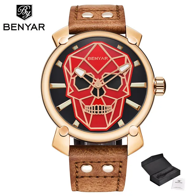 gold red Benyar Роскошные Лидирующий бренд мужские модные креативные часы с черепом бизнес военные часы кожаные кварцевые мужские наручные часы Relogio Masculino - Цвет: gold red