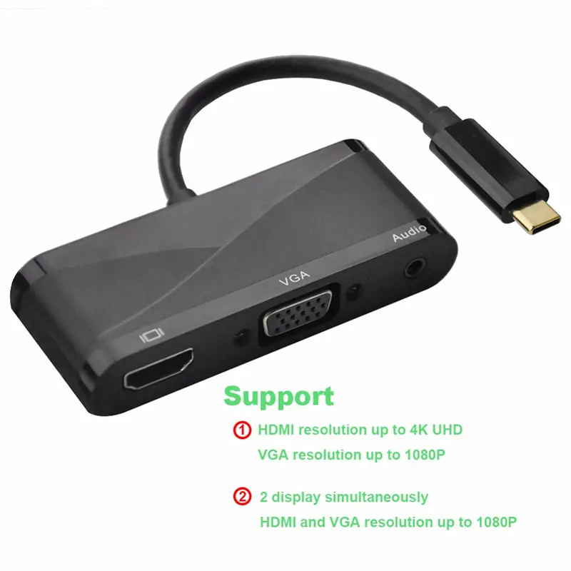 YKSO USB C Тип к HDMI VGA 3 5 мм аудио адаптер в 1 Thunderbolt Порты и разъёмы совместимы + 2 0
