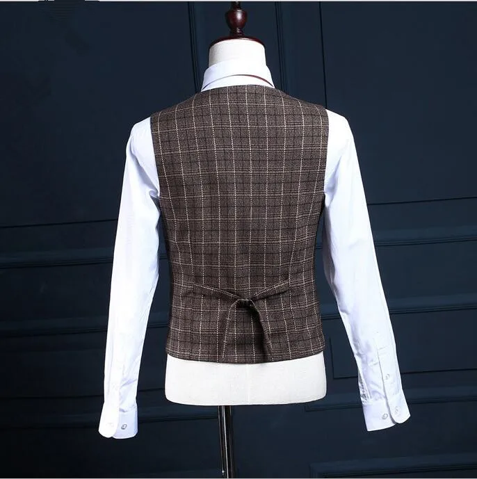 

Retro Plaid Men Business Slim Suits Sets Wedding Dress Three-piece Suit Blazers Coat Trousers Waistcoat Jacket + Pant + Vest