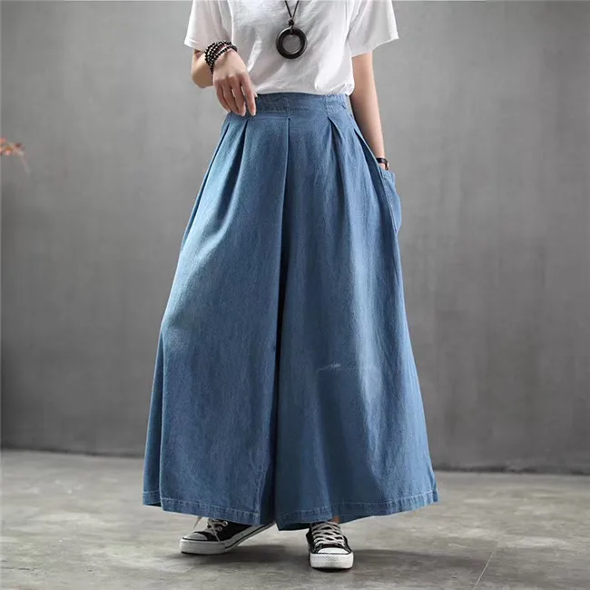

women long pant girl new spring summer bull-puncher loose big yards wide leg pants leisure joker fold cowboy nine points