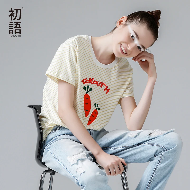 Женская хлопковая Футболка с принтом Toyouth футболка в полоску коротким рукавом и