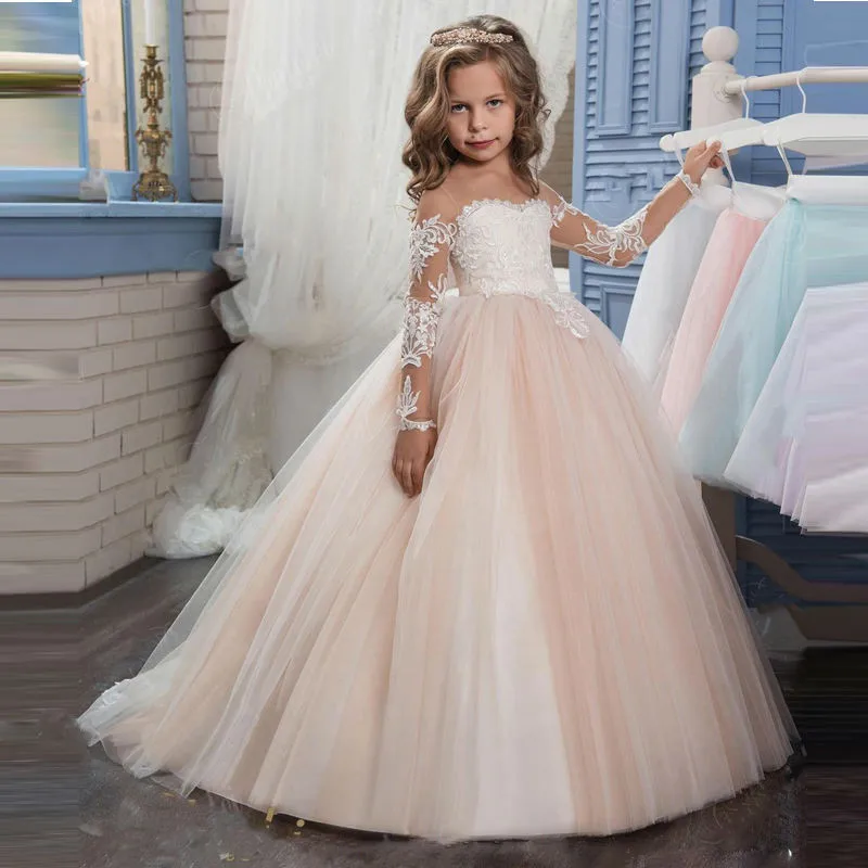 

2021 Champagne Lace Flower Girl Dress Weddings Long Sleeves Ball Gown Kids First Communion Dresses Pageant Gown Vestidos 0-12Y