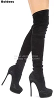 fashion black suede leather boots women over the knee platform elastic thigh high booty