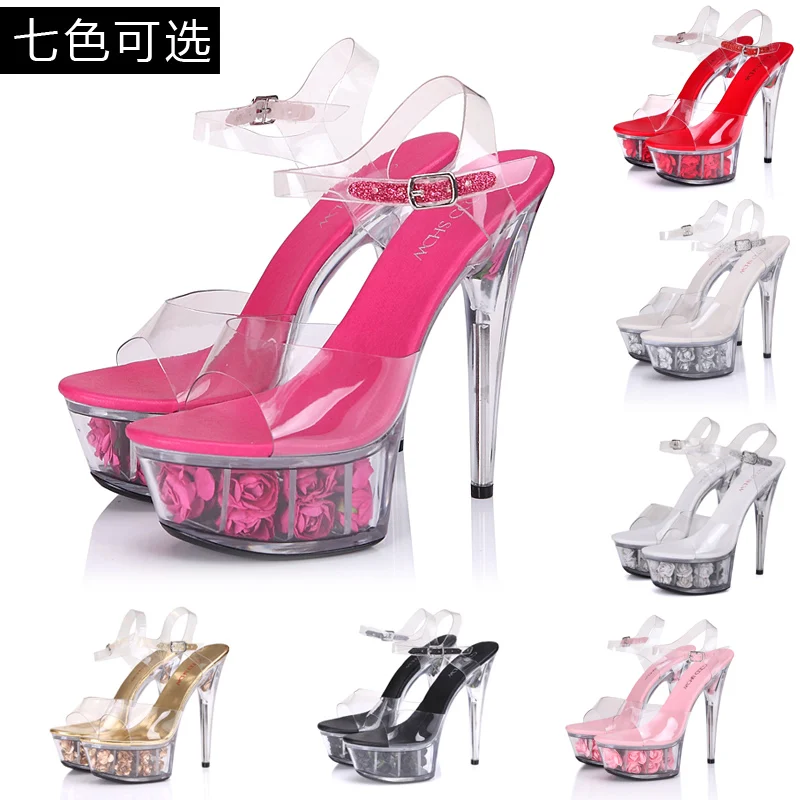 Женские туфли на шпильке 15 см лодочки платформе и с розами пряжкой сандалии