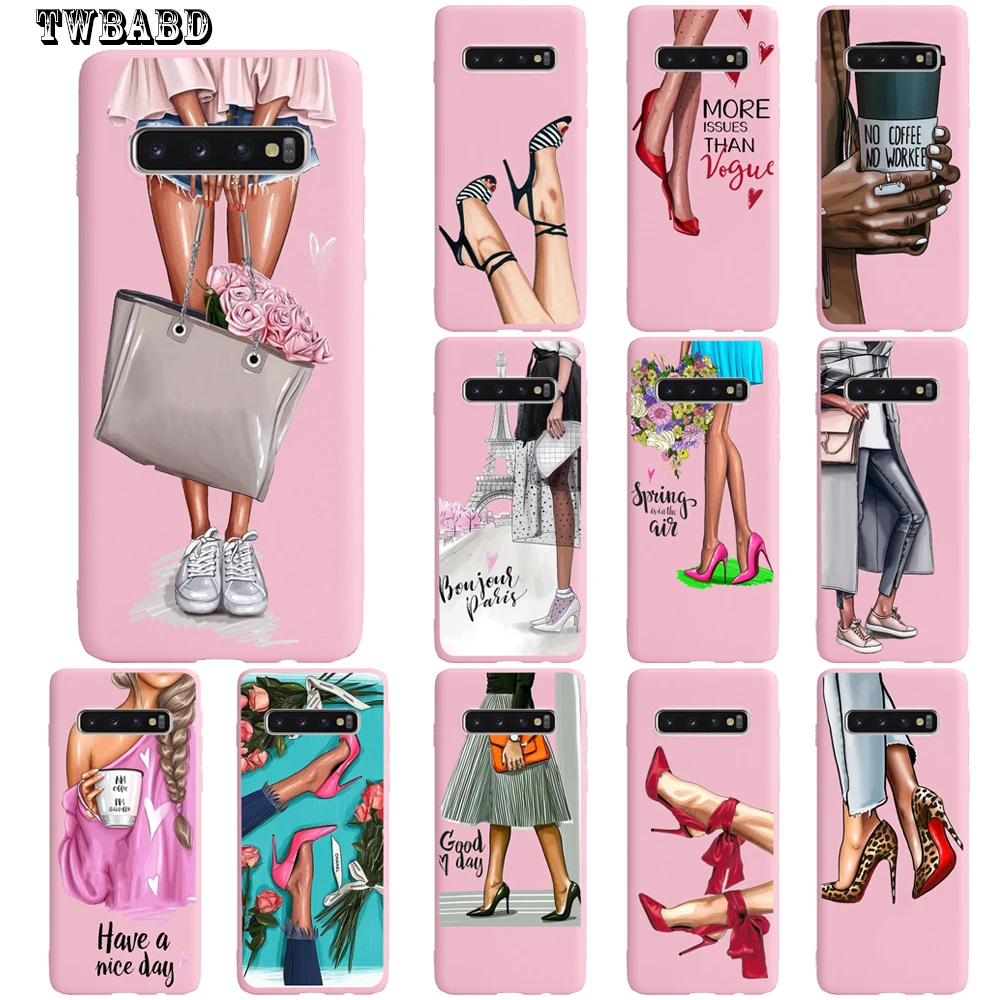 Fashion high heel girl sexy woman Coque Shell Soft Pink Silicone Phone Case For Samsung S10 Plus S9 S8 S7 Edge Lite Capa | Мобильные