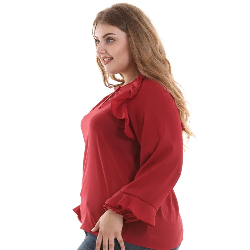 5xl 6xl корейский стиль Женская блузка с оборками длинным рукавом плюс размер