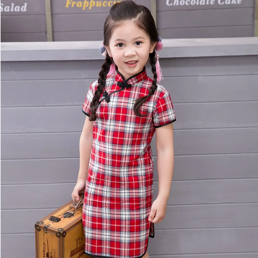 

New arrival 2020 girls Chinese style cheongsam kids girls summer short sleeve Plaid dress / Qipao clothes 2-12 years