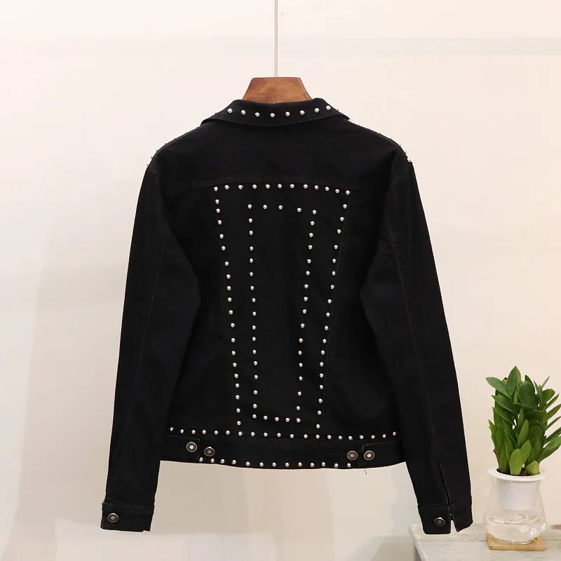 2018 Autumn New Fashion Women's Punk Rivet Jeans Short Coat Lapel Long Sleeve Denim Jackets Casual Loose Outwear manteau femme | Женская