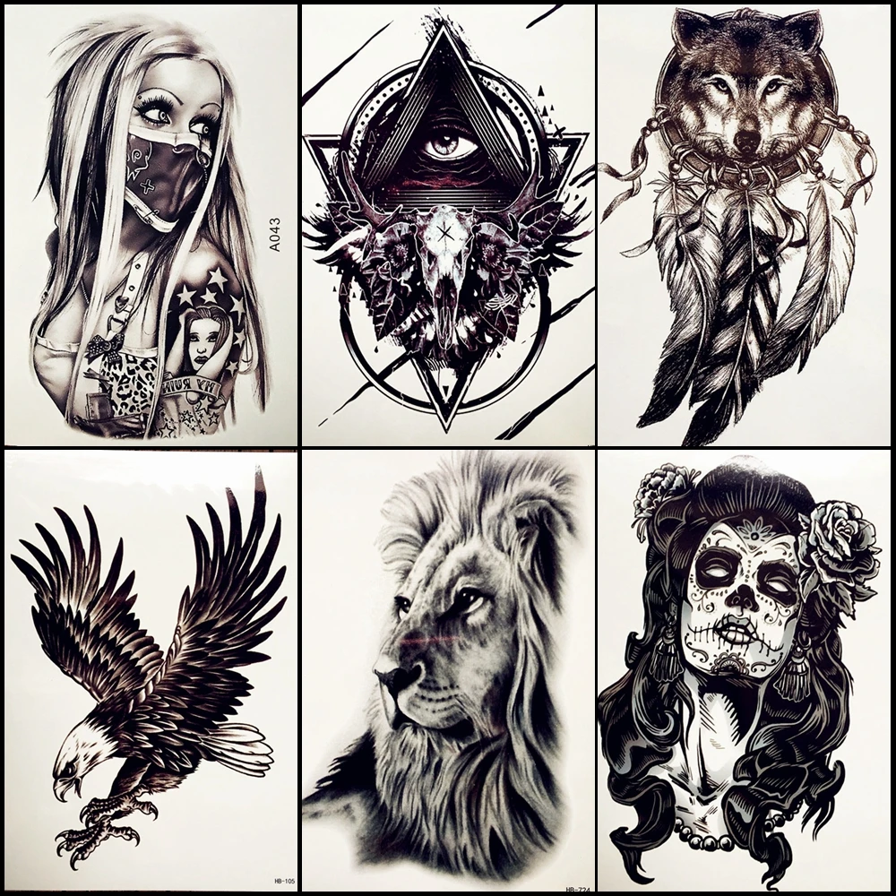

6 Pieces/Lot Popular Triangle Eye Deer Temporary Tattoo For Women Body Art Fake Waterproof Lion Henna Flash Arm Tattoo Stickers
