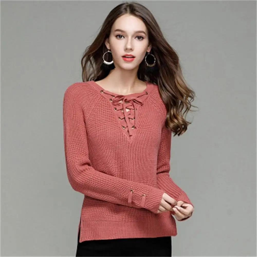 2018 Fashion Autumn Long Sleeve Solid Color Sweaters Winter Women Sweater Bandage V-Neck Knitted Pullover Slim Casual FemaleSexy | Женская