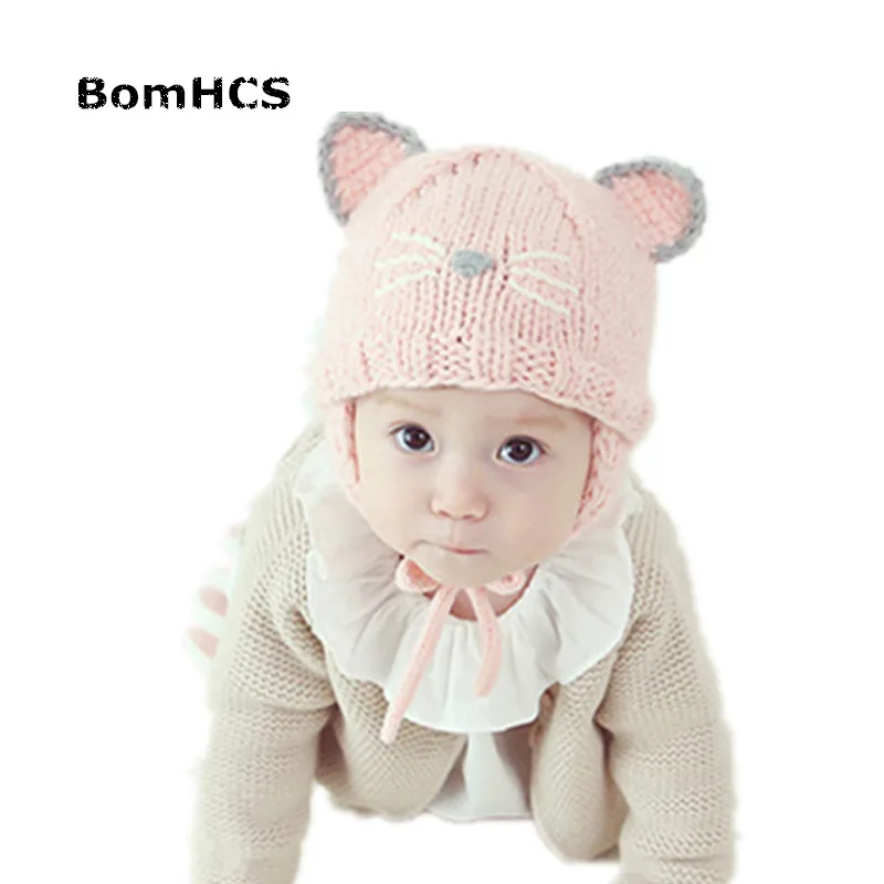 Шапка BomHCS детская вязаная ручной работы с ушками для детей 3-8 лет 100%
