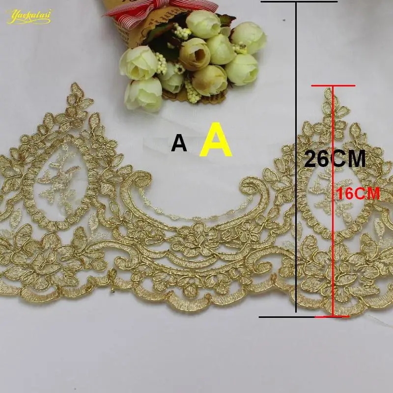 Champagne Gold 26CM Золотая вышитая кружевная ткань для свадебного платья, самодельная одежда, аппликация цвета шампанского, Золотая кружевная отделка, зубчатые свадебные пояса 13 см-32 см - Цвет: Champagne Gold 26CM
