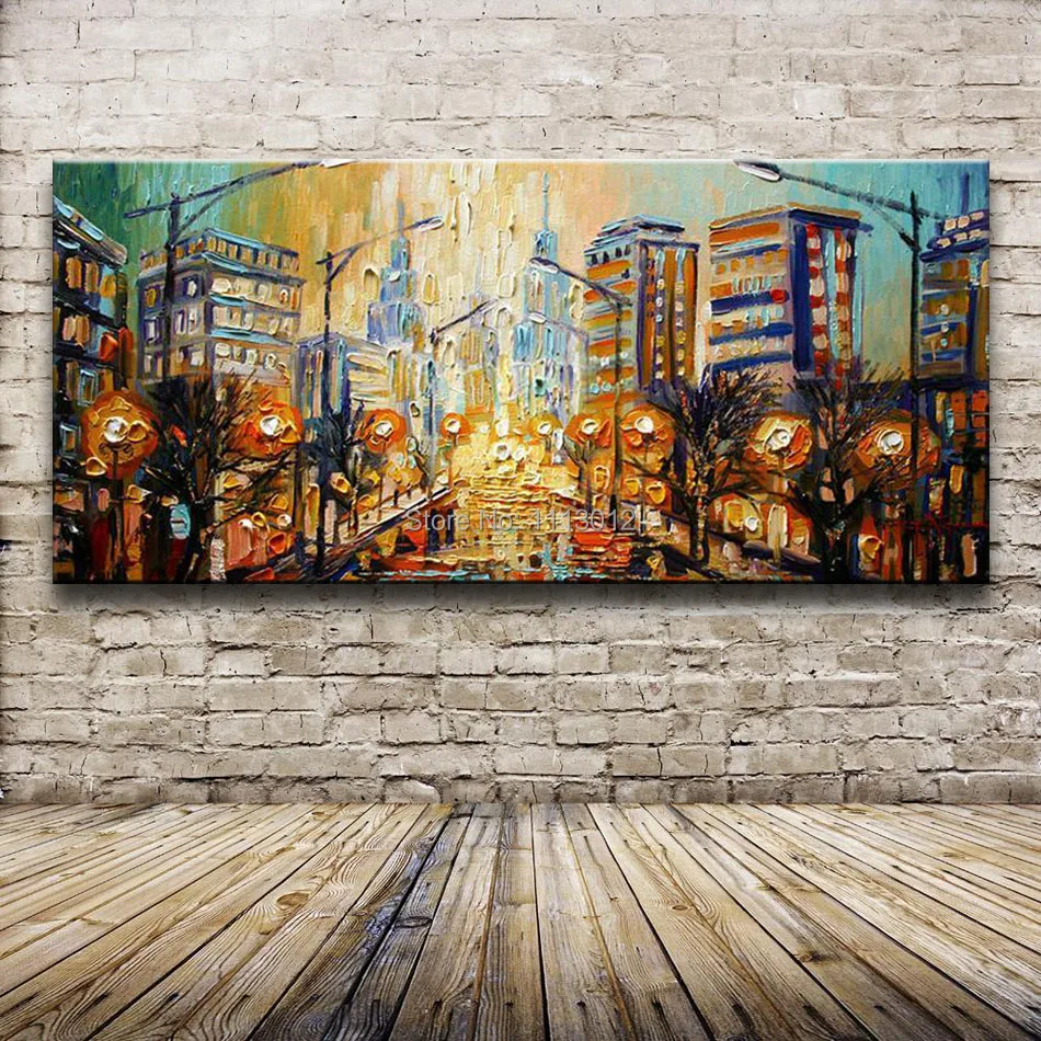 Large 3D City Palette Knife Oil Painting Modern Landscape Abstract Home Wall Art Decor Pictures Set Rain Street Road On Canvas | Дом и сад