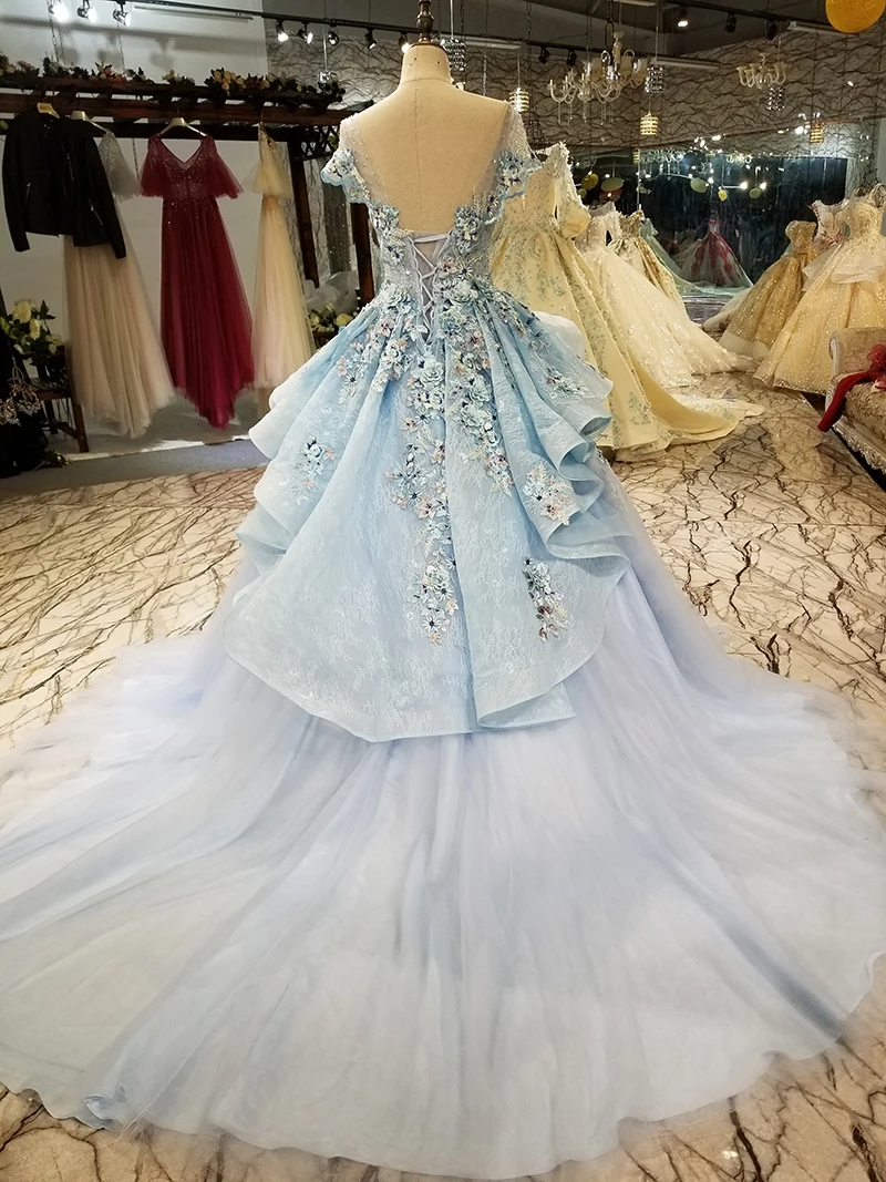 LS5580 Light Blue With Beautiful Embroidery And Sequins Pageant Evening dress 2020 O-Neck Cap Sleeves Cheaper sukienki | Свадьбы и