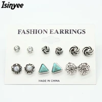 isinyee 6 pairs fashion small geometric stud earrings sets crystal heart ear for women girls vintage gold silver jewelry