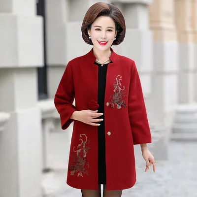 wine red Вышитое шерстяное пальто осень зима большой размер Женская куртка элегантная одежда с аппликациями размера плюс XL-5XL f1156 - Color: wine red