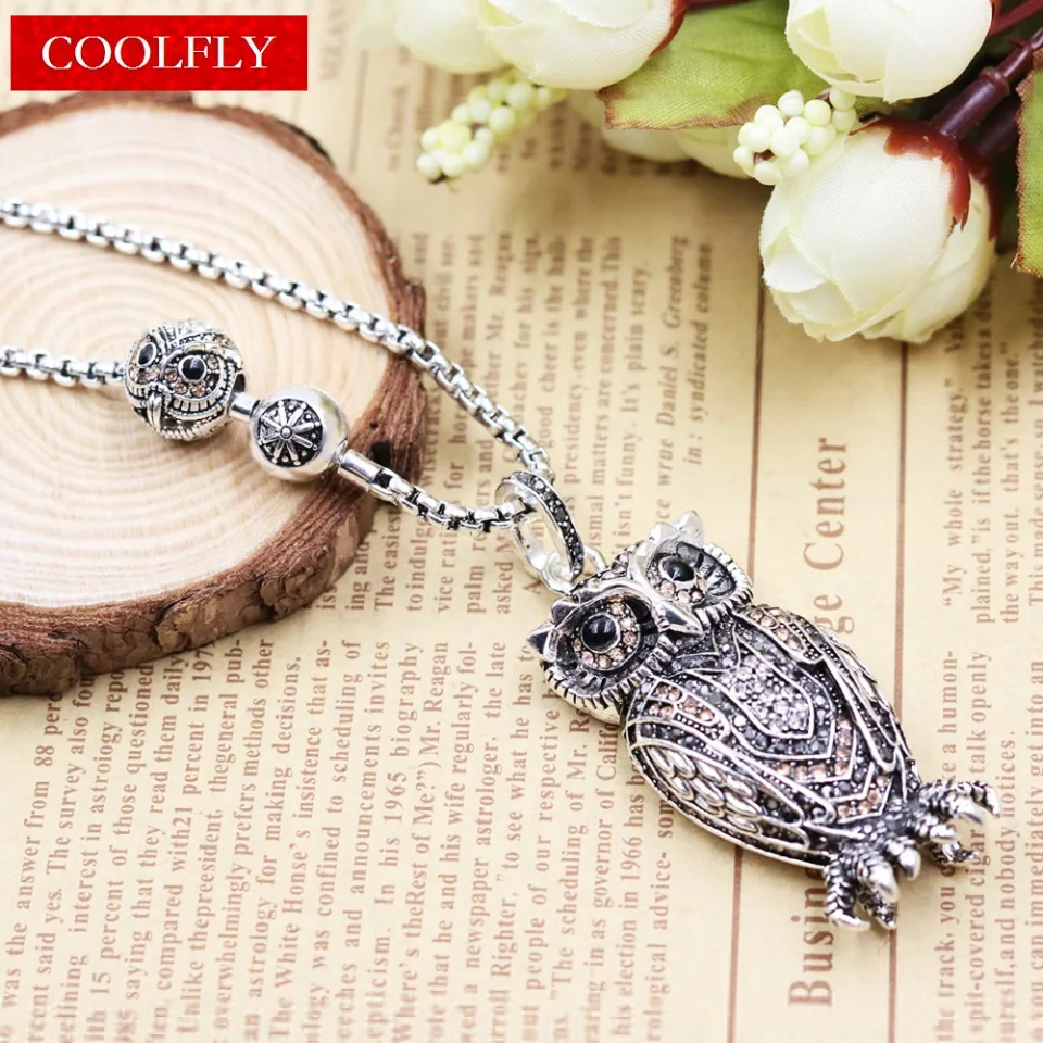 Big Owl Pendant Link Chain Necklaces Small Bead Trendy Style 925 Sterling Silver Glam Jewelry For Women Vintage Gift Bijoux | Украшения и