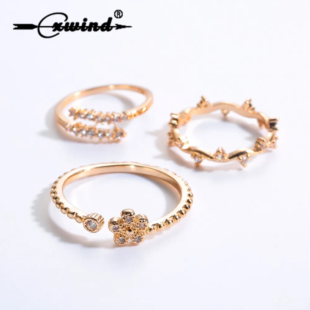 

3Pcs/Set New Arrival Zircon Crystal Flowers Rings Sets Gold Midi Ring Boho Beach Sets For Women Wholesale Fashion Gift