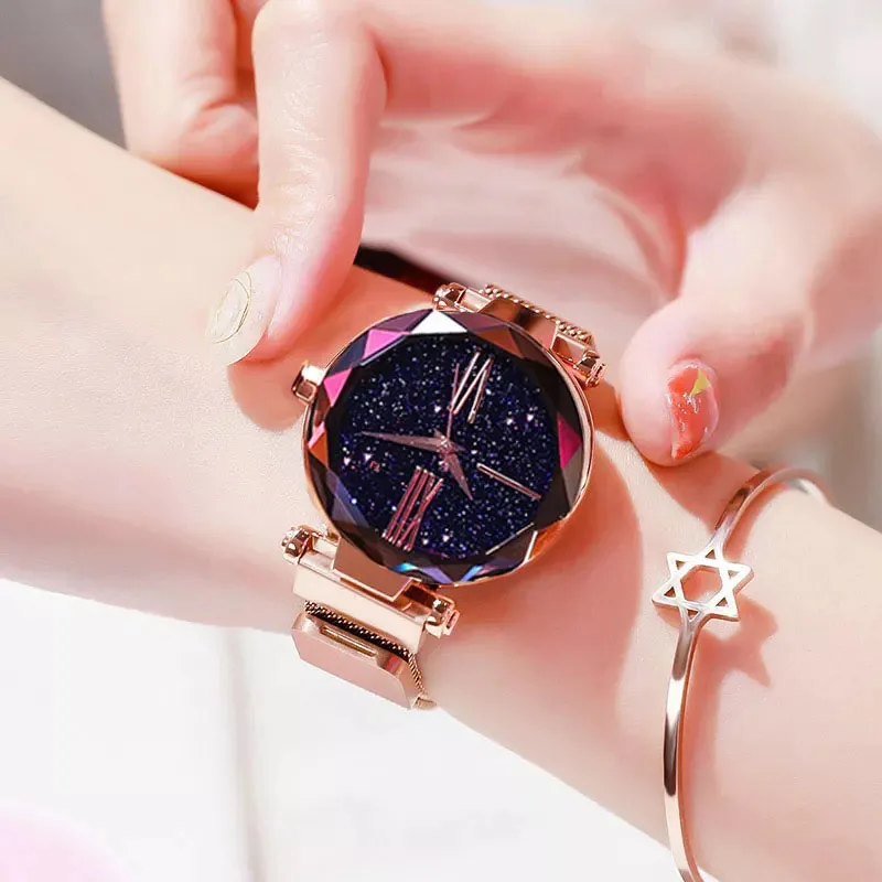 

2020 New Fashion Rosy Gold Mesh Magnet Starry Sky Quartz Watch Women Casual Watches Relogio Feminino Ladies Wrist Watch Hot Sale