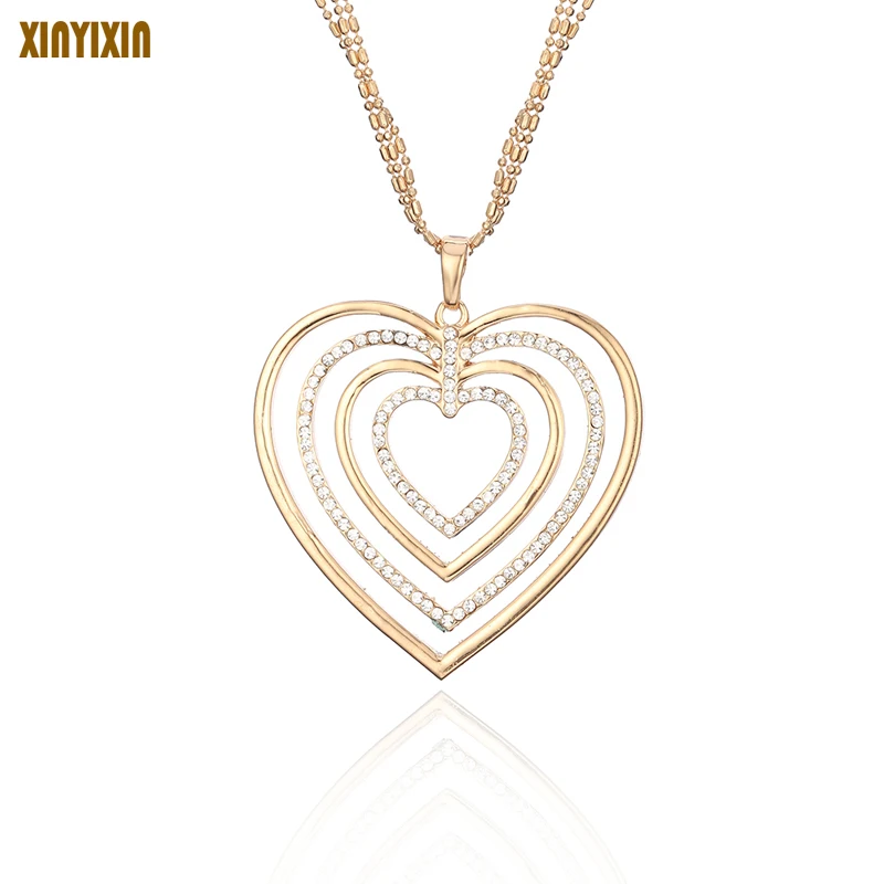 

Big Gold Heart to heart Necklace For Women Color Crystal Long Necklace Sweater Chains 2020 Jewelry Wedding Party Gifts