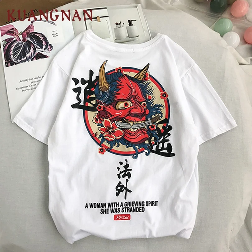 KUANGNAN японский стиль футболка с принтом Призрак лапша Мужская Футболка Harajuku