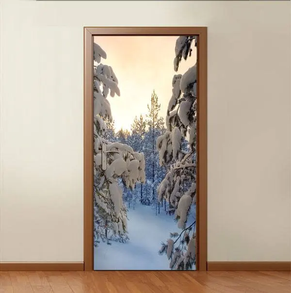 3D Door Mural Winter Forest Sticker Wall Print Decal Deco Photo Stickers self adhesive door wrap | Дом и сад